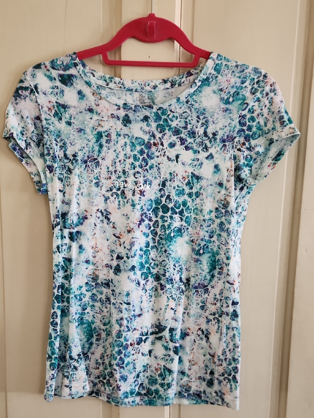 Calvin Klein Teal, Navy & White Short Sleeve Patterned Tee